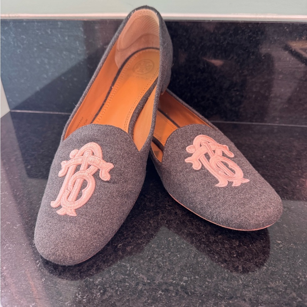 Gray Tory Burch Loafers with Pink Embroidery 7.5